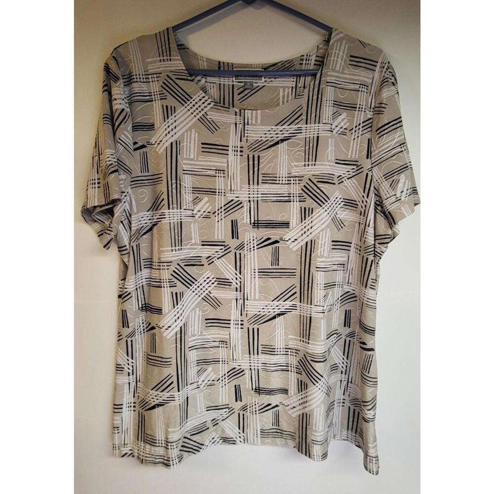 JM Collection Women's pullover blouse XL silver navy blue white half sleeve